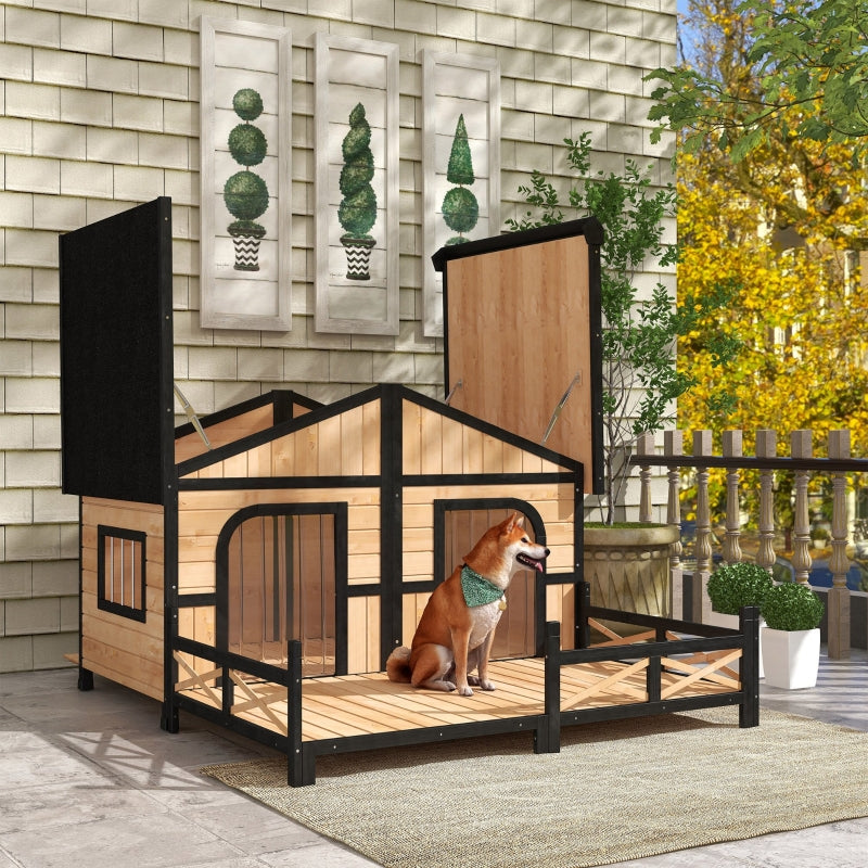 Natural Wooden Cabin Style Outdoor Dog Kennel for Small to Medium Dogs, Elevated with Porch Deck