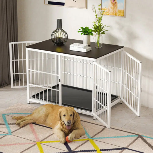 Heavy Duty Metal Wooden Dog kennel Furniture Style End Table with Three Doors and Removable Tray