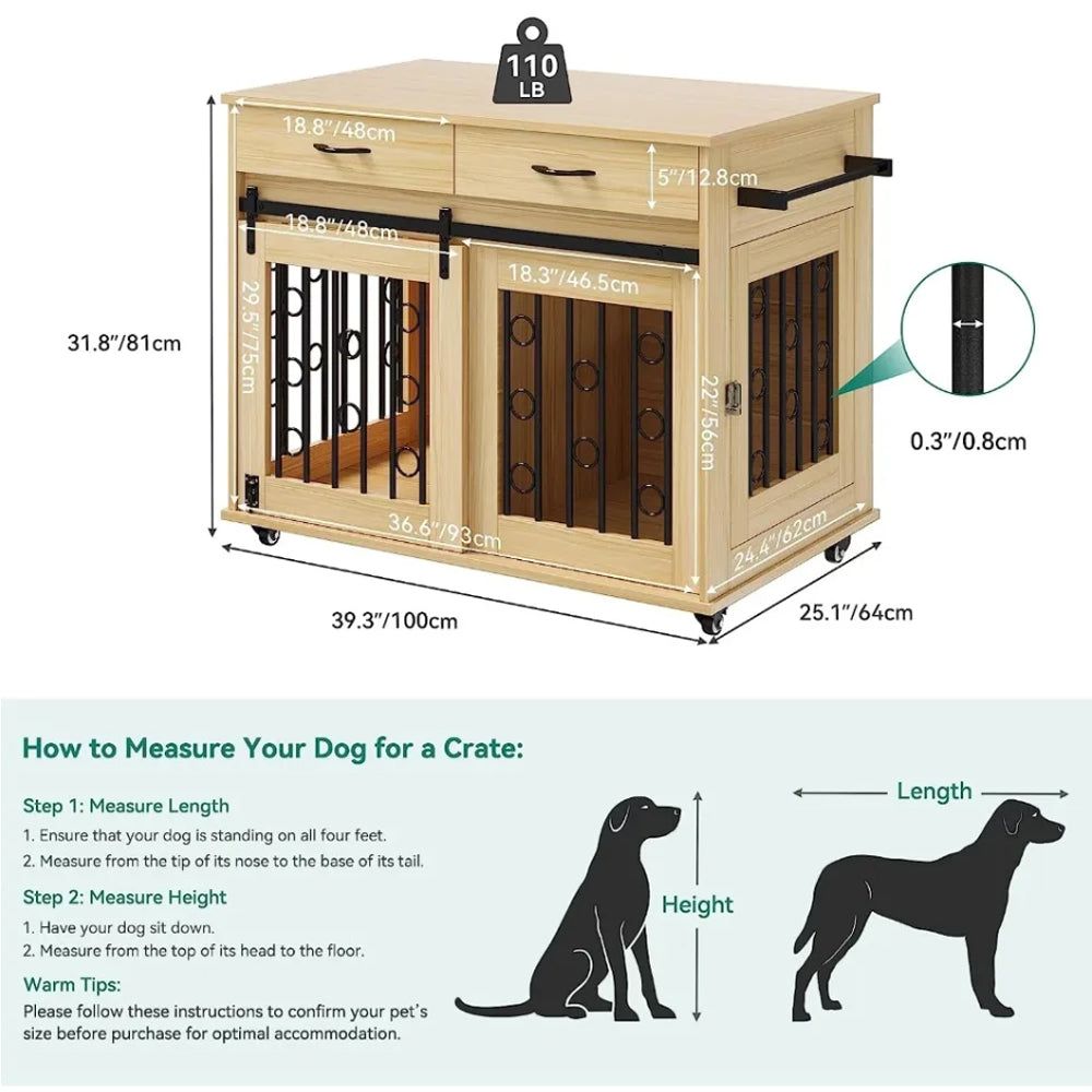 Space-Saving Double Door Dog Cage with Two Drawers for Small to Medium Dogs