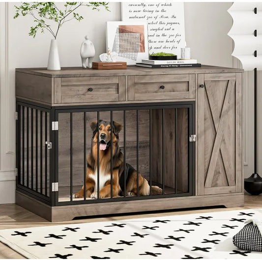 Stylish Double-Door Wooden Dog Crate Furniture Kennel with Storage