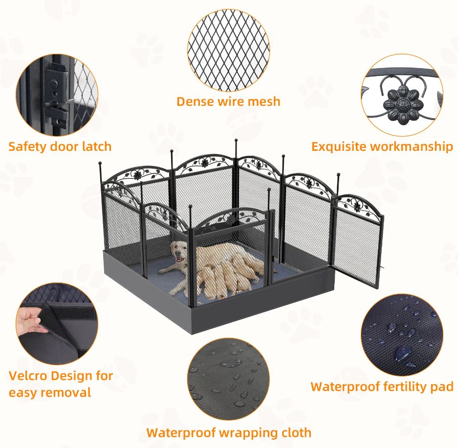 Secure and Stylish: Heavy Duty Dog Whelping Box Fence with Waterproof Pad -  Ideal Indoor Metal Playpen Crate for Dog, Portable Outdoor Exercise Pen  with Door - Perfect for Camping and Yard