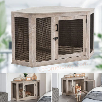 Corner Dog Crate for Small and Medium Dogs: Furniture-Style Indoor Puppy Kennel and TV Stand