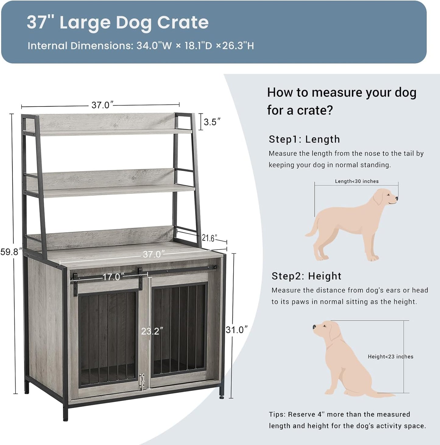 37-Inch Dog Crate Furniture with Shelves and Sliding Door – Heavy Duty Indoor Puppy Kennel
