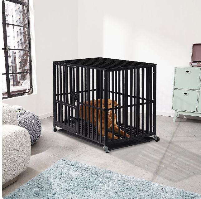 Heavy-Duty Metal Crate with Wheels, 3 Doors, Kennel Playpen for Large Dogs