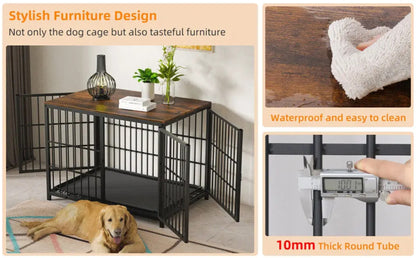 Heavy Duty Metal Wooden Dog kennel Furniture Style End Table with Three Doors and Removable Tray
