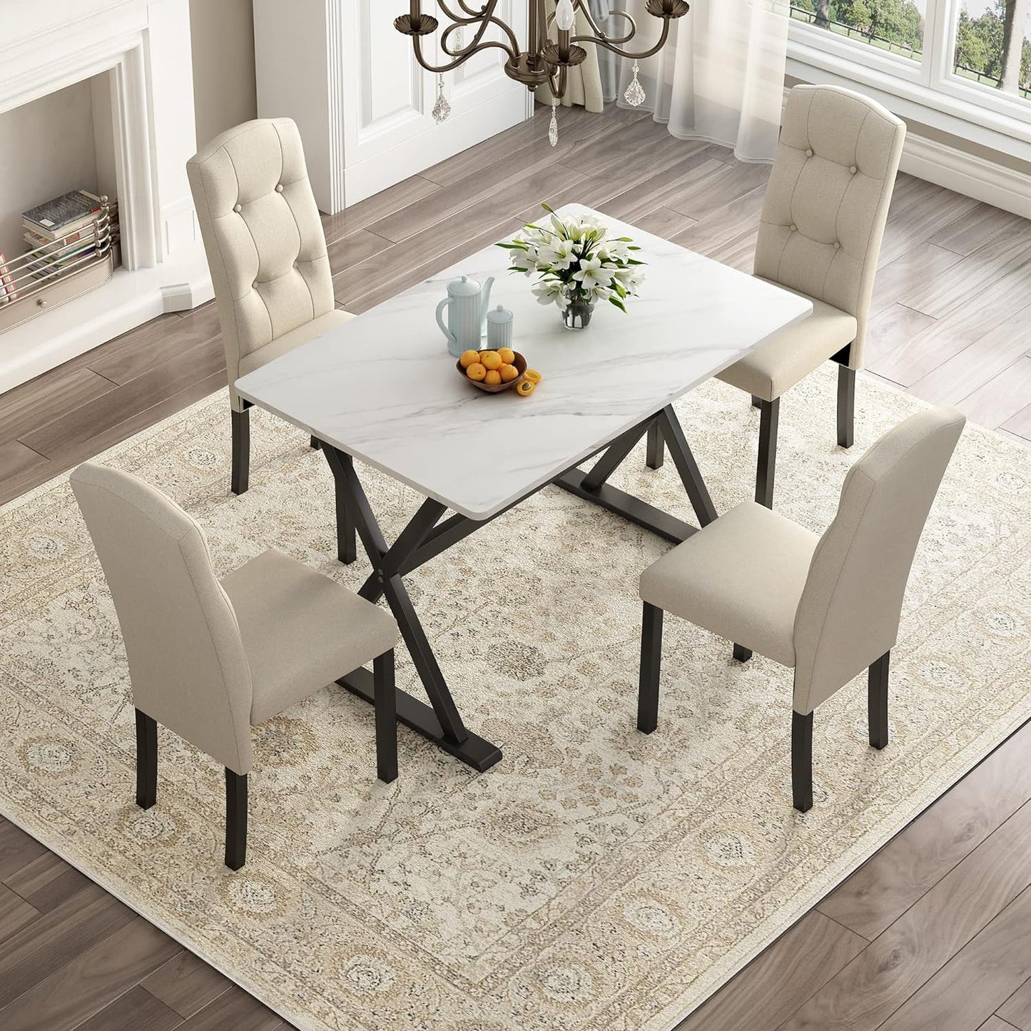 Faux Marble Tabletop Dining Table Set For 4
