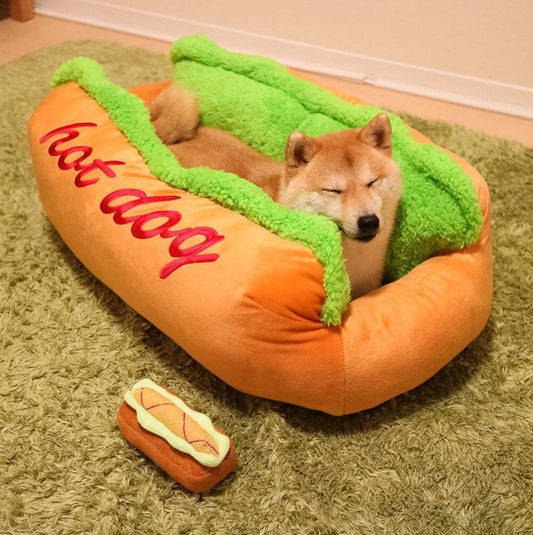 Funny Hot Dog Soft Plush Pet Lounger Bed with Removable & Washable Cushion